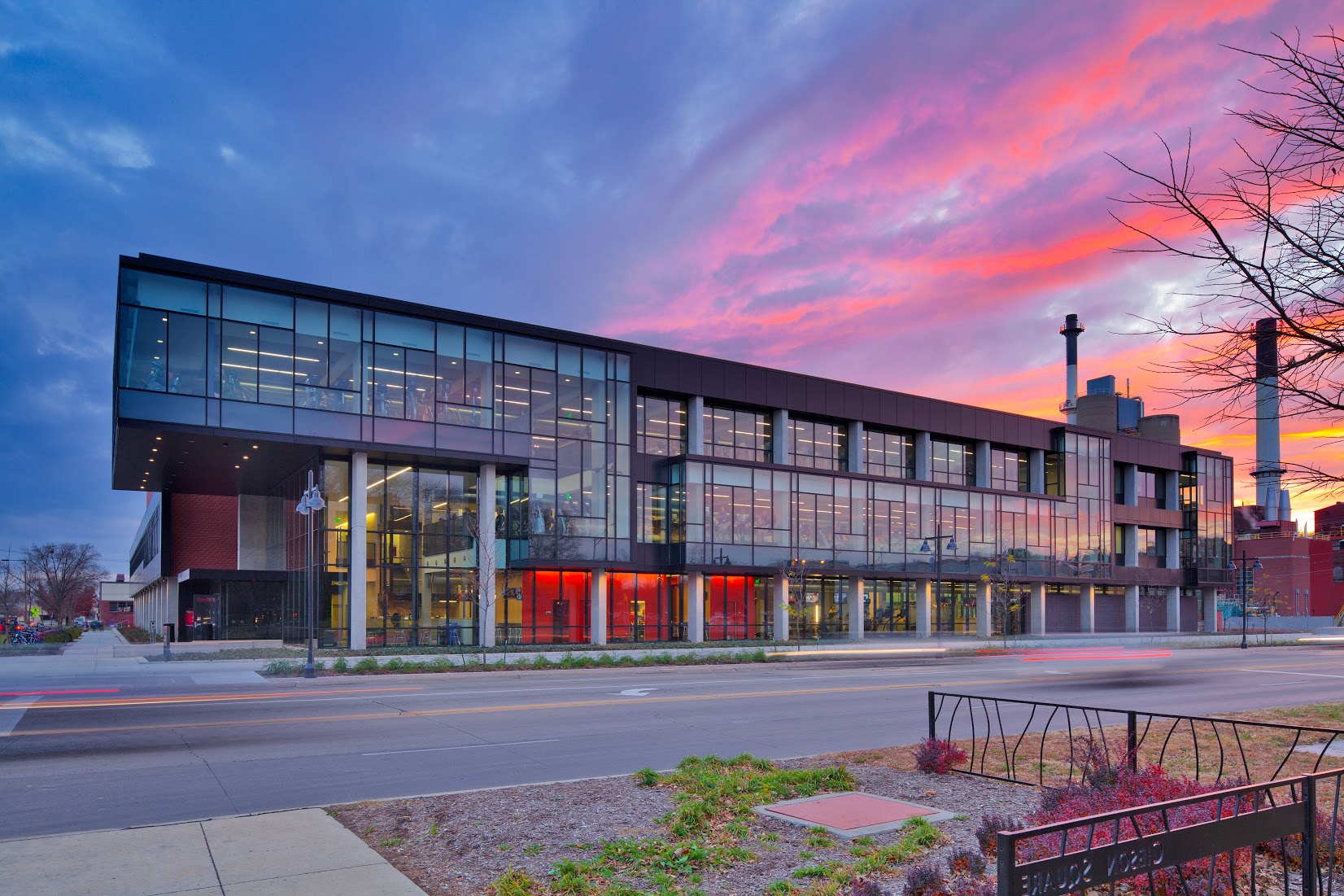 The Recreational Services building at sunset